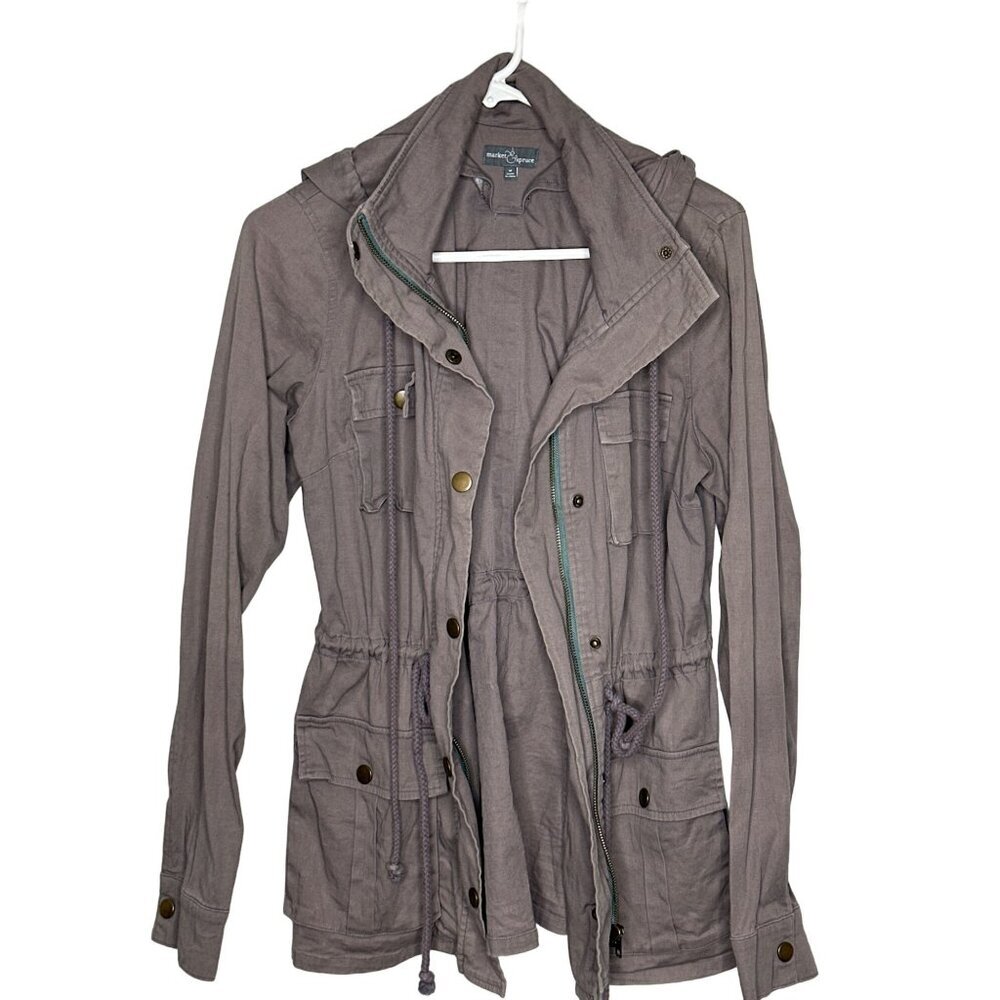 Market & Spruce Cargo Utility Jacket Womens M Grey Hooded Military Safari - Picture 2 of 11